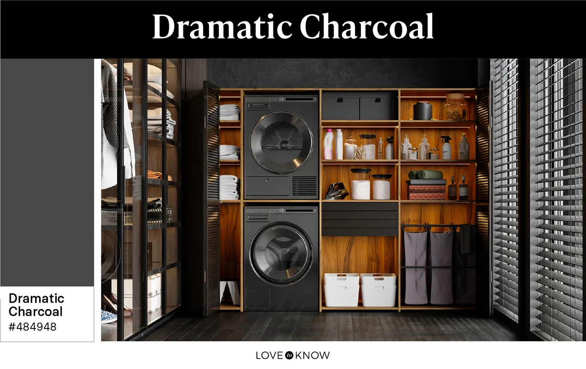 Laundry room designed in dark charcoal color palette