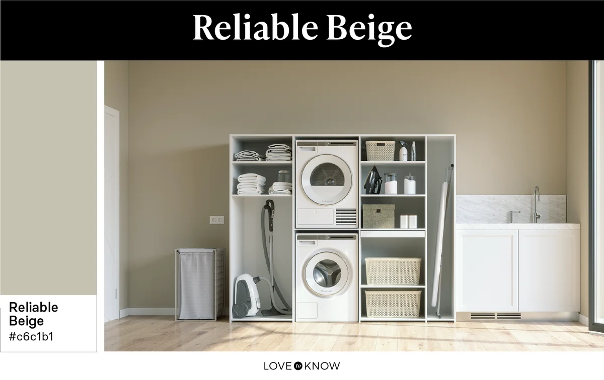 Laundry room designed in reliable beige color palette