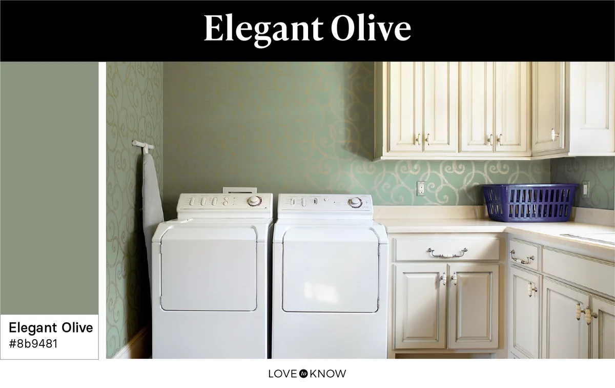 Laundry room designed in elegant olive color palette