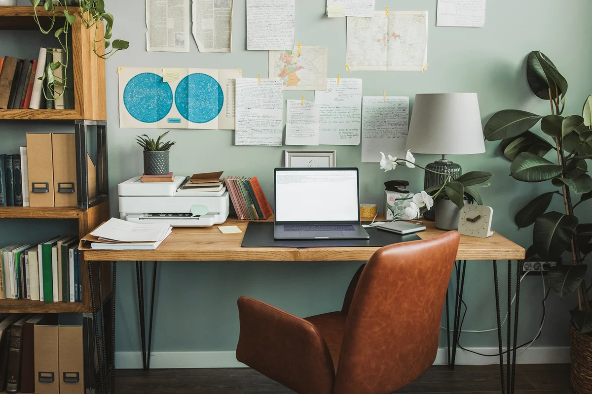 Small home office decorated in muted colors