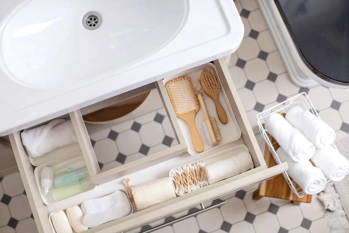 Organized toiletries in bathroom drawer