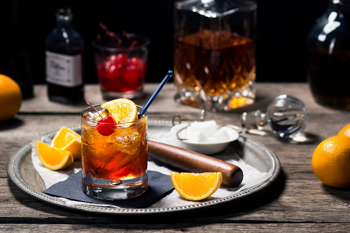 Old Fashioned Cocktail in a Vintage Bar