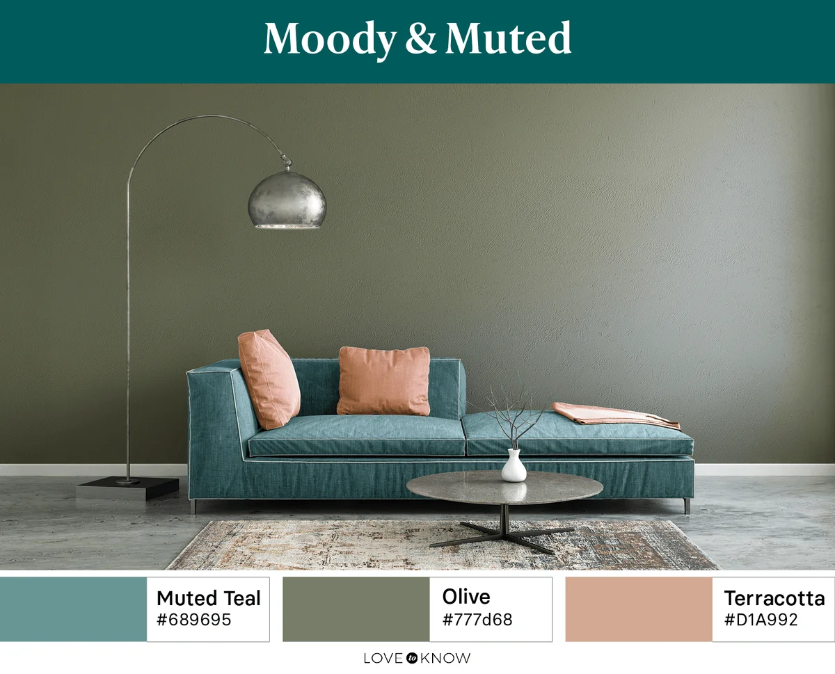 Teal sofa against muted gray wall