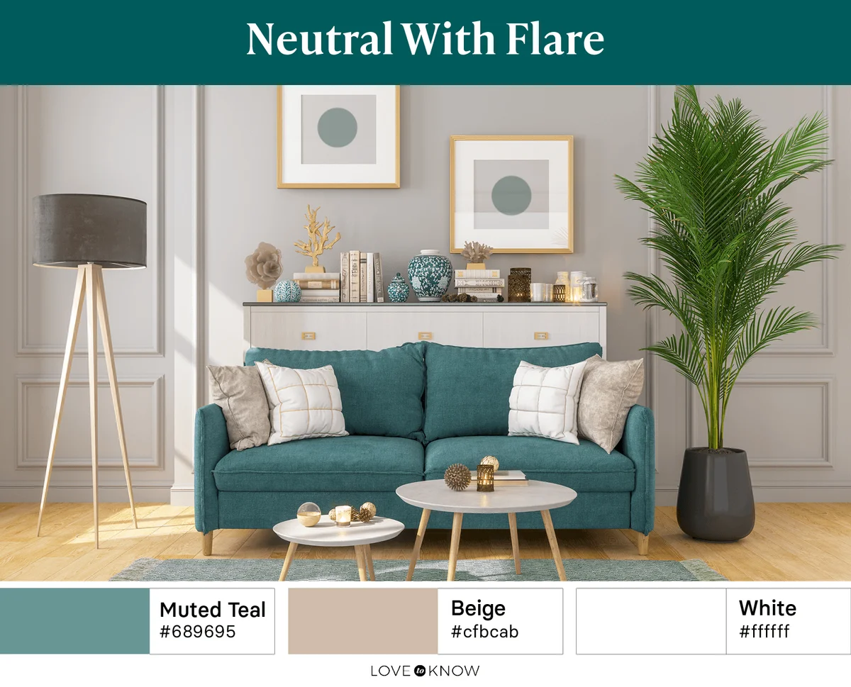 Teal sofa in neutral gray living room