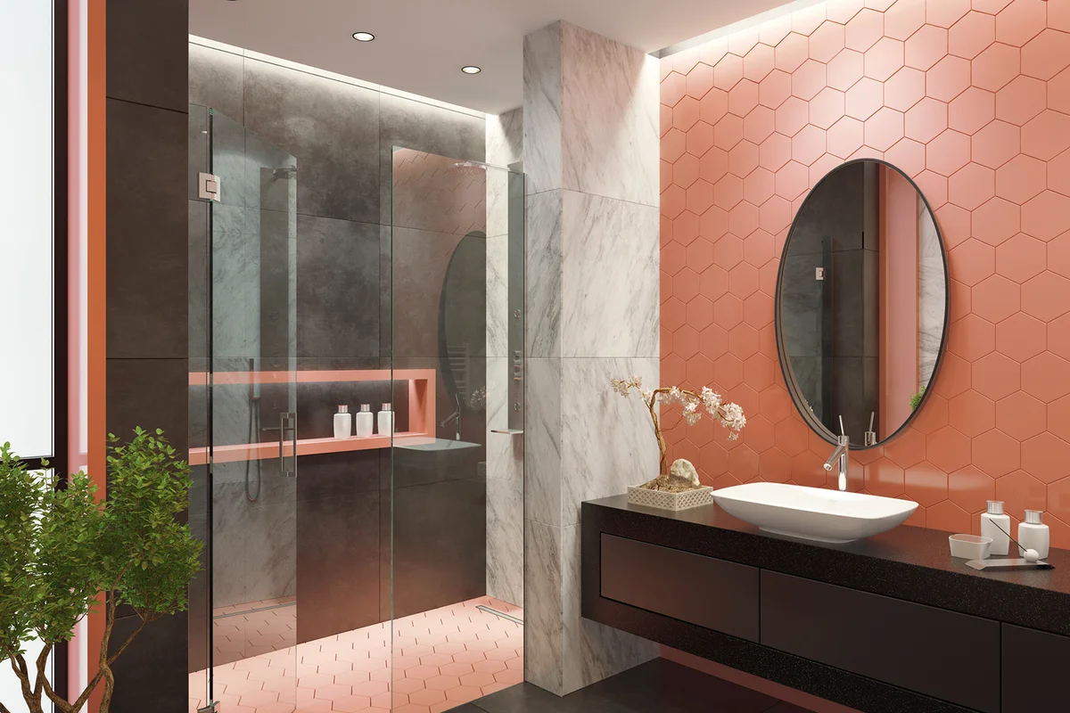 Contemporary bathroom with light peach honeycomb tiles