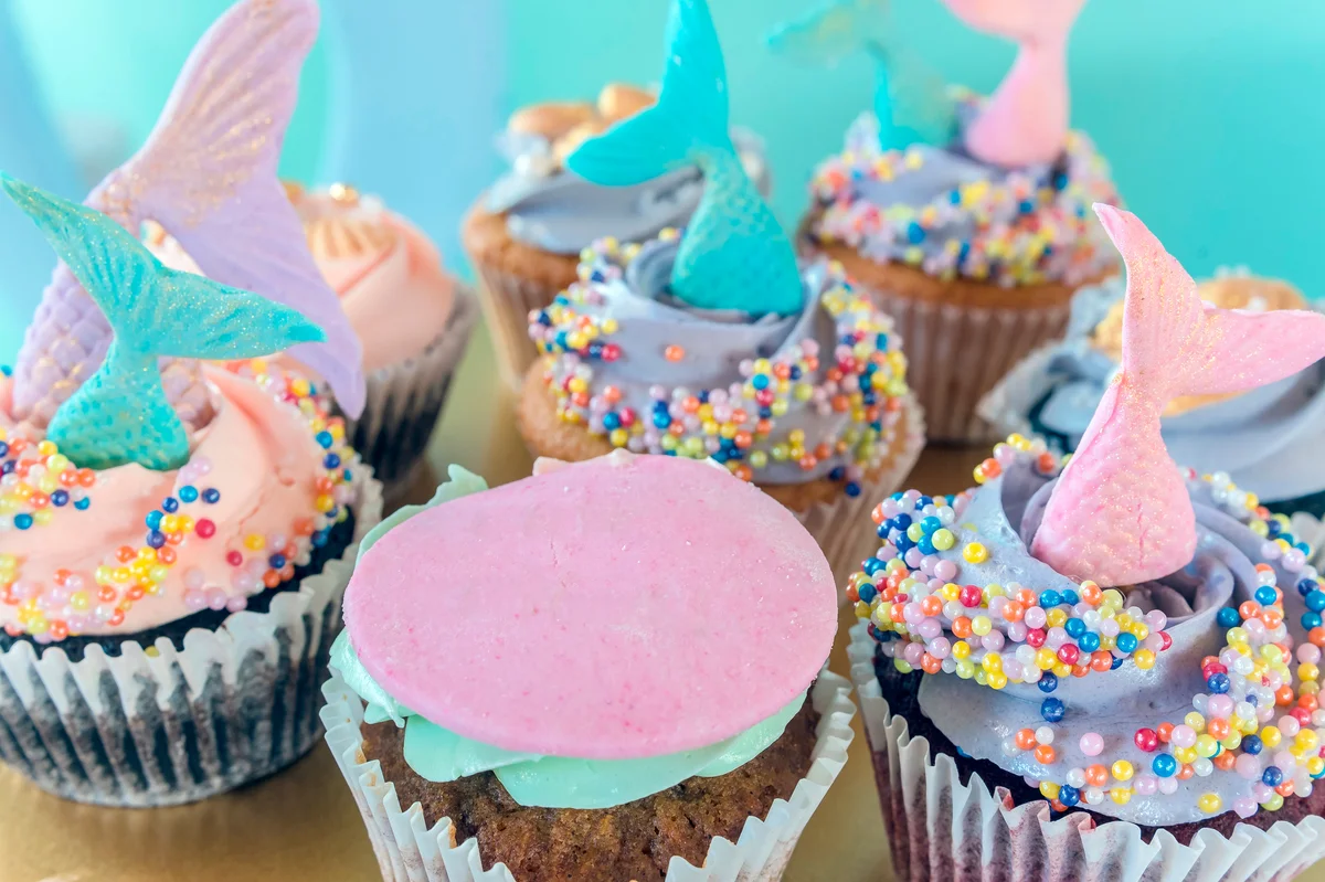 Colorful underwater themed cupcakes for birthday party