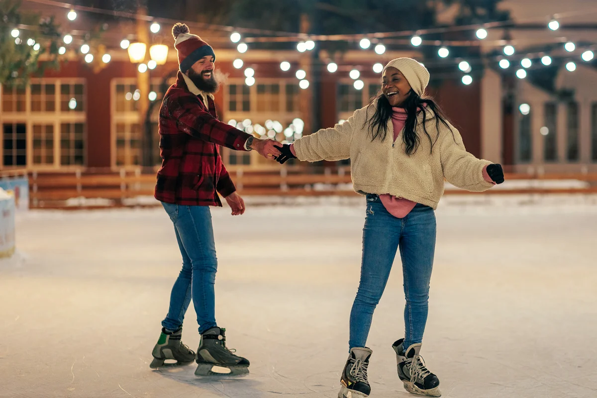 Couple on winter holiday ice skating