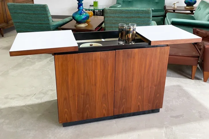Mid Century Arthur Umanoff for Dillingham Split Top Walnut Bar Cabinet