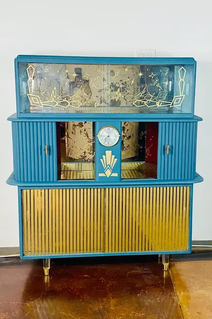Mid Century Atomic Teal and Gold Bar Cabinet