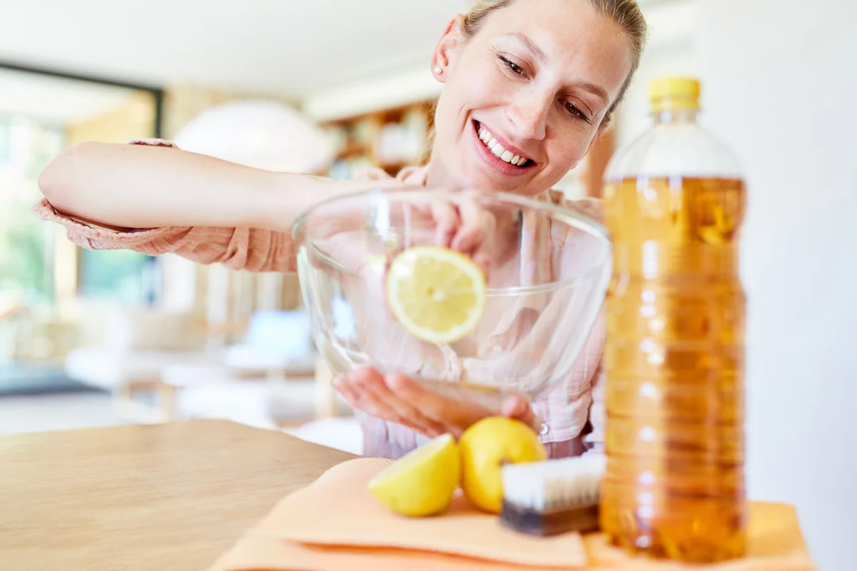 Woman With Vinegar and Lemon Cleaning Glass Bowl At Home