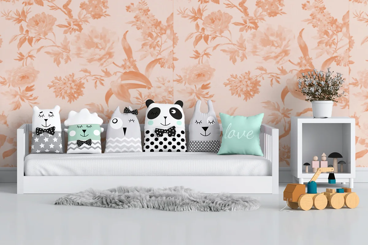 child room interior with floral paper