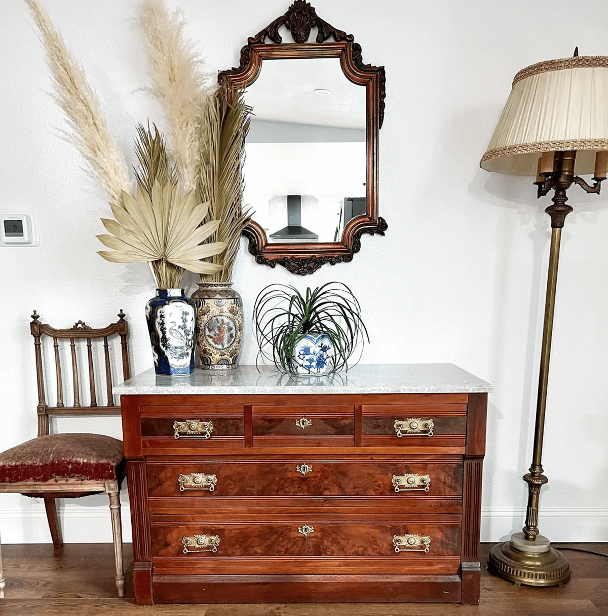 19th Century Victorian Dresser Marble Top Antique Commode Burl Walnut Chest of 5 Drawers American Dressing Table