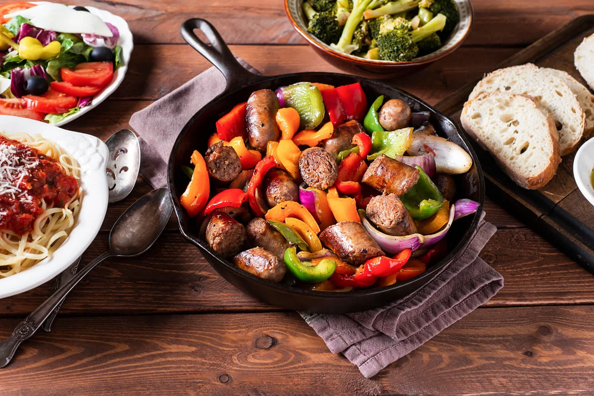 Italian Sausage with Peppers and Onion in Cast Iron Skillet