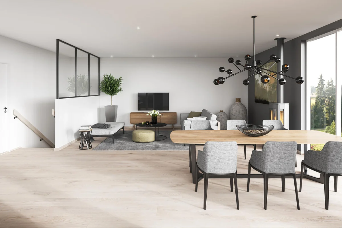 Living/dining area with space age lighting