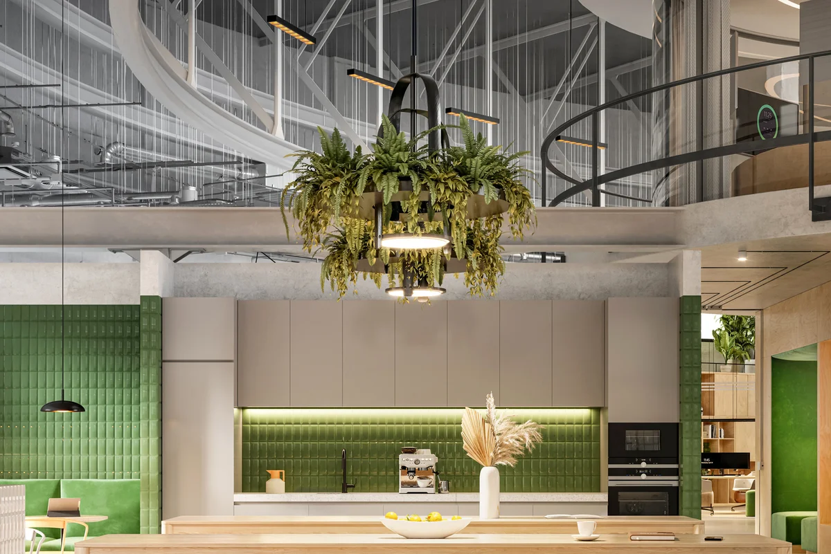 Creative office with plant chandeliers