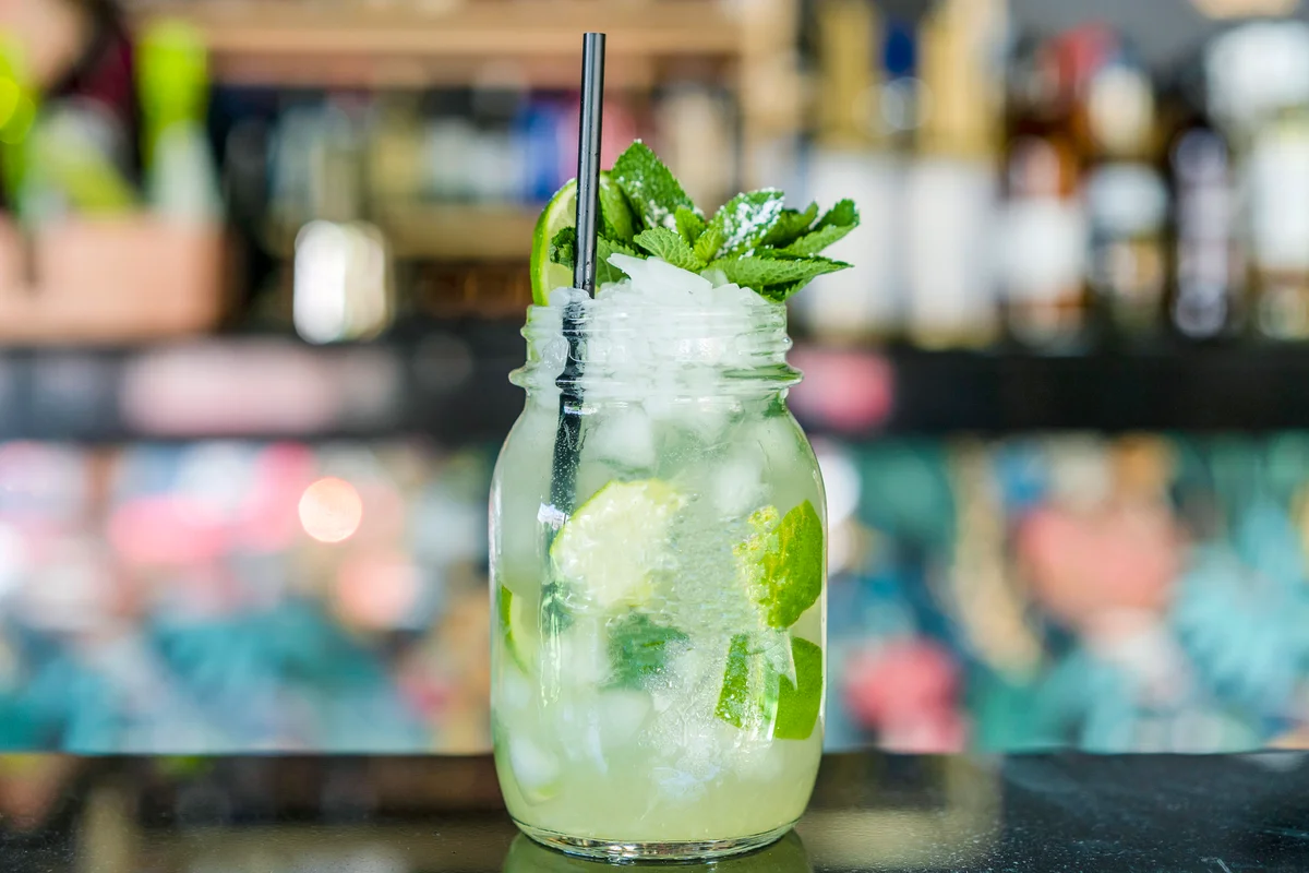 Fauxjito in jar on table at restaurant
