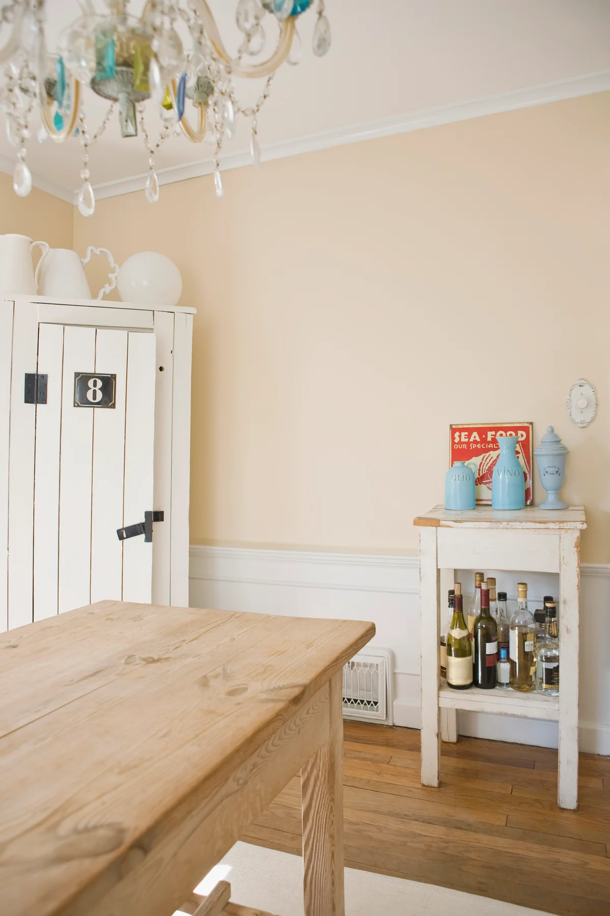 dining room with vintage cabinets