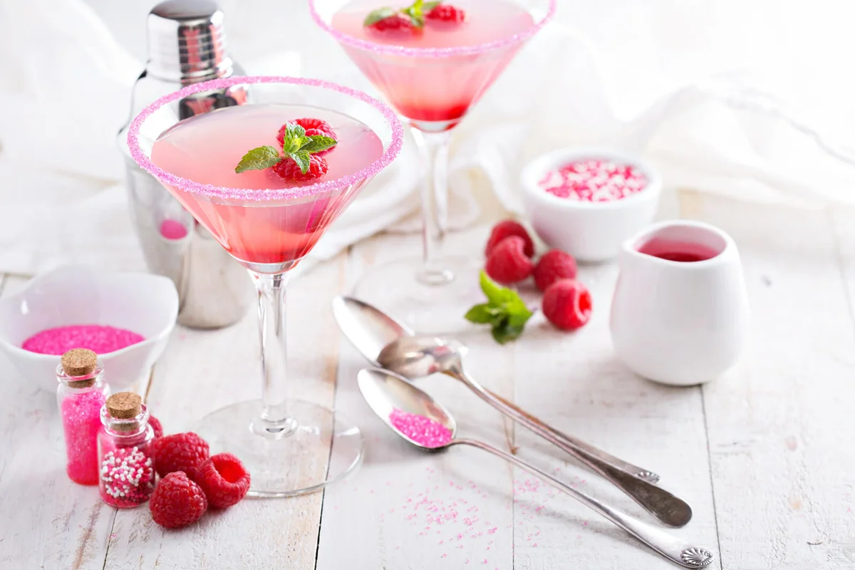 Pink raspberry martini cocktails for Valentines day
