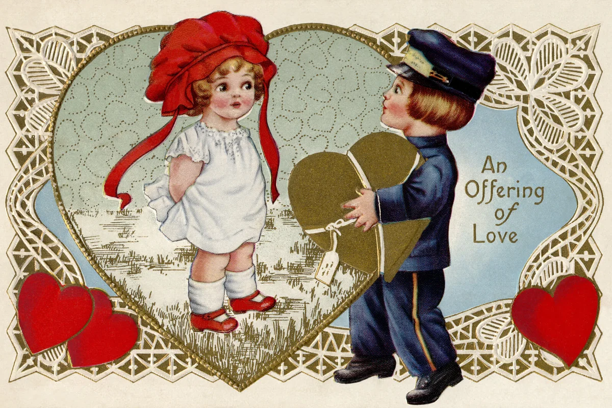 A vintage Valentine with a little postboy delivering an offering of love to a little girl