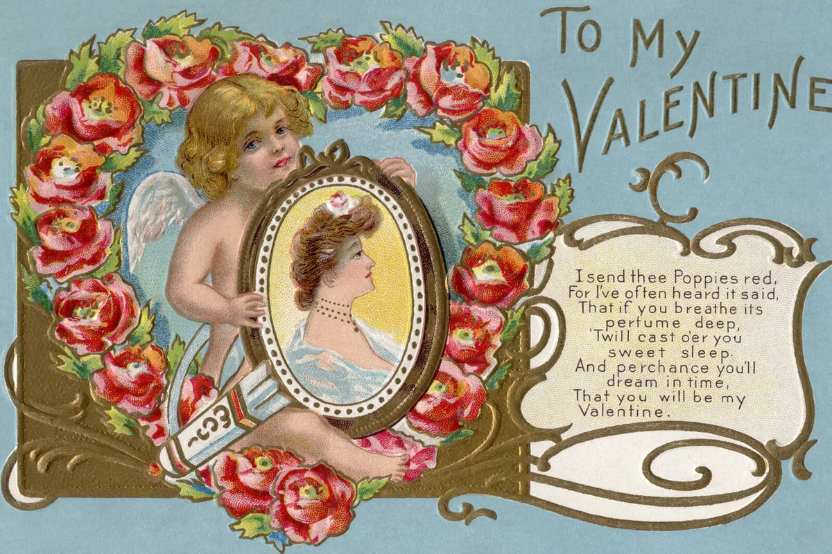 A vintage Valentine with Cupid holding a portrait of a woman