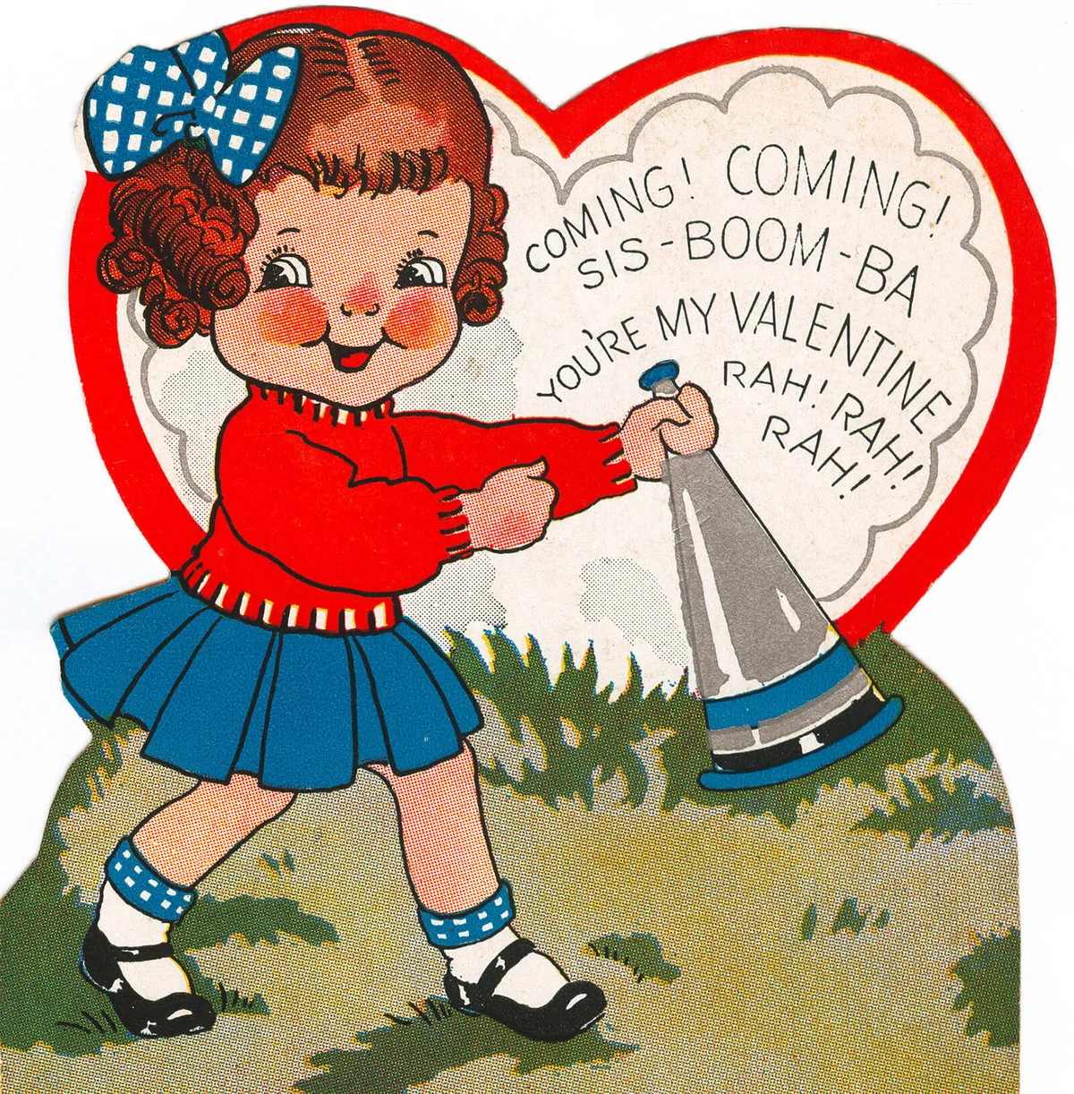 A vintage valentine of a girl with a blowhorn