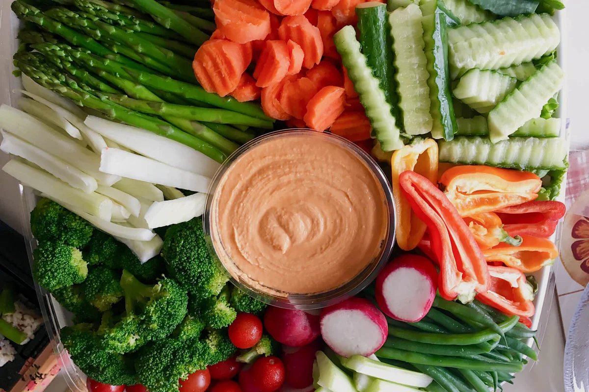 Directly Above Shot Vegetables With Dip Served In Tray