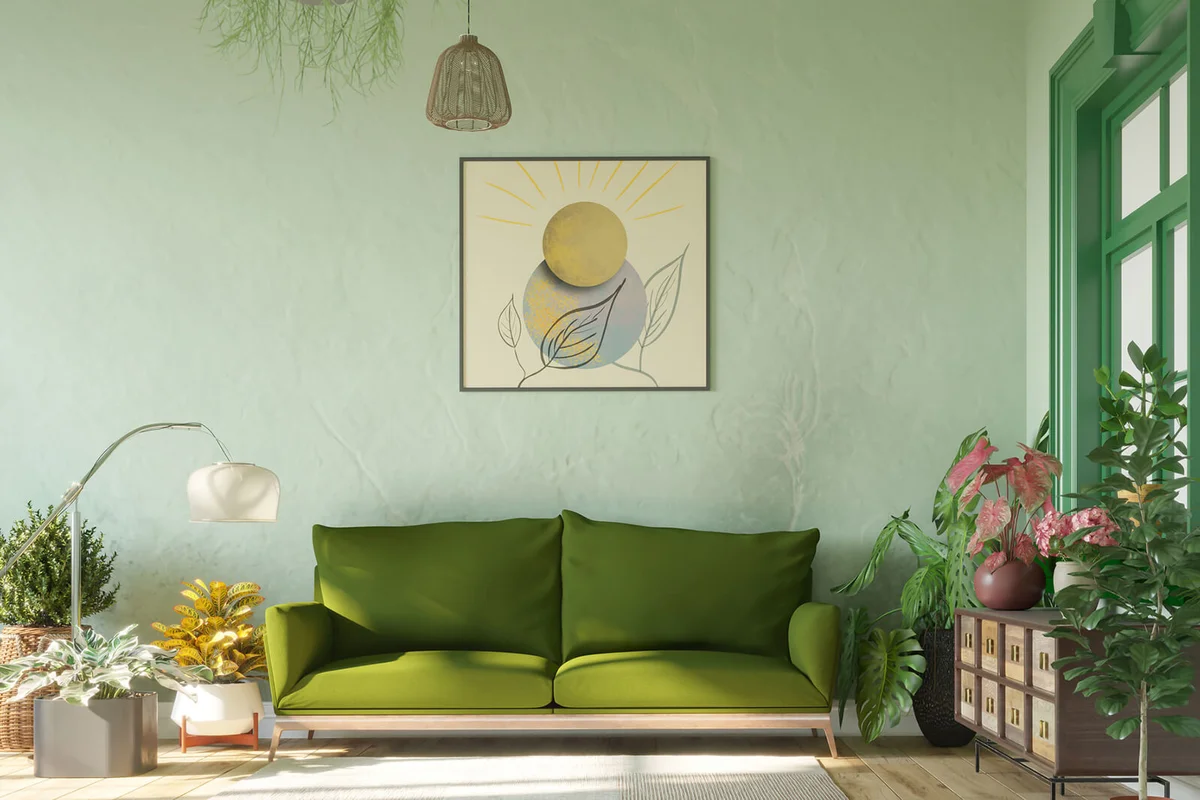 Green couch in the living room