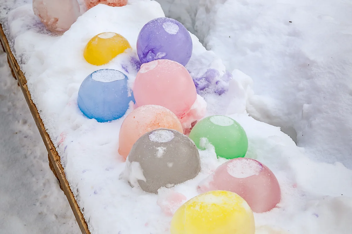 Frozen balloons outside in winter