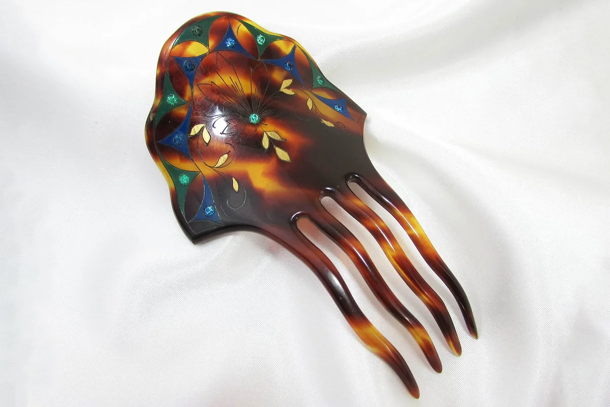 Art Deco Celluloid Faux Tortoise Hair Comb Painted Accents - Paste stones