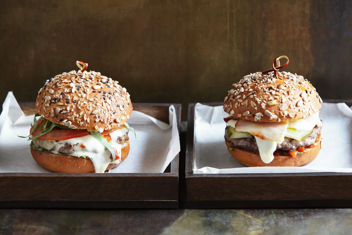 Burger with lamb and burger with beef and bacon