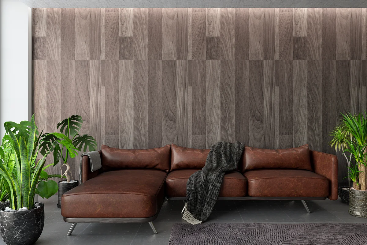 Modern Interior with Leather Room with Wooden Wall and Plants