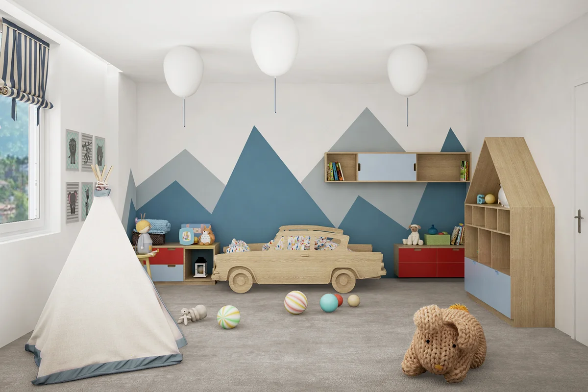 Kids room with geometric painting in the wall