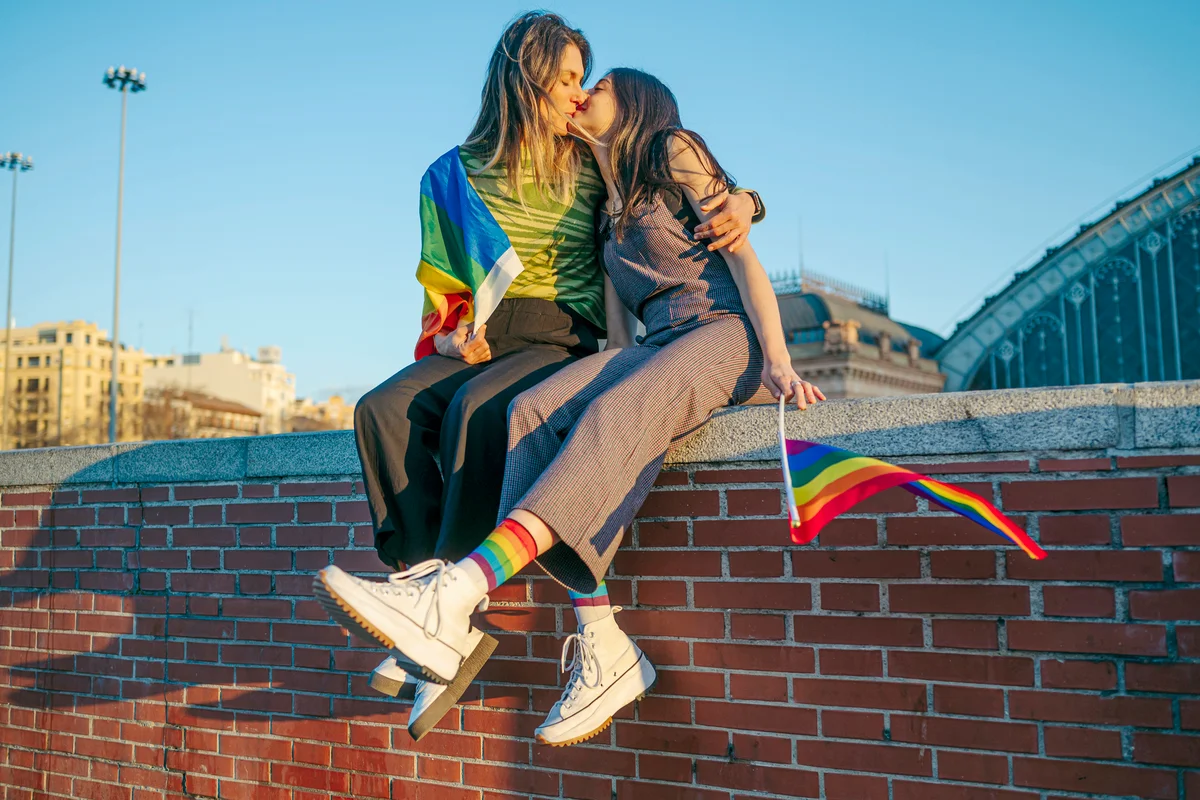 Lesbian couple with pride flag