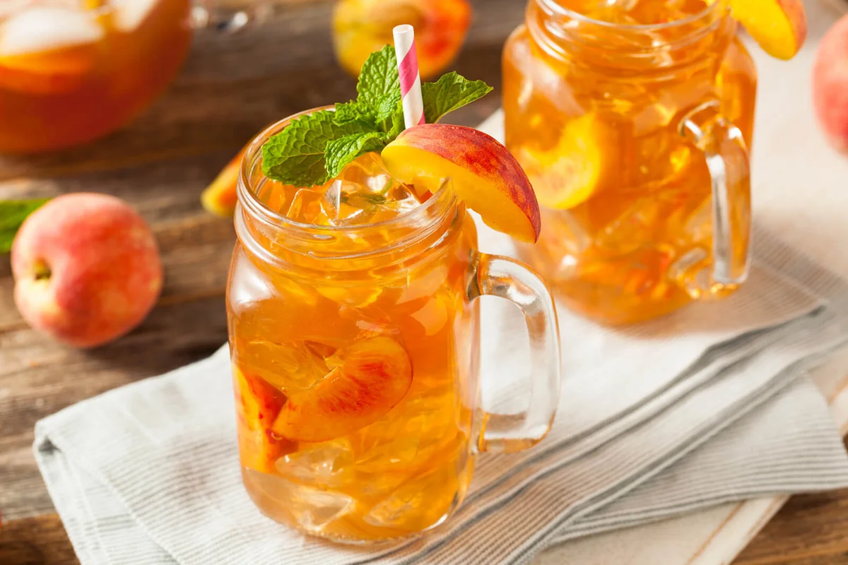 Fresh Homemade Peach Sweet Tea with Mint