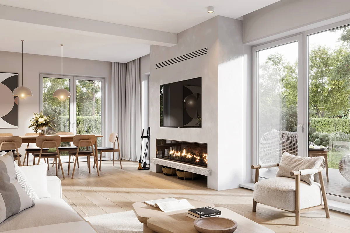 modern-styled living room with fireplace