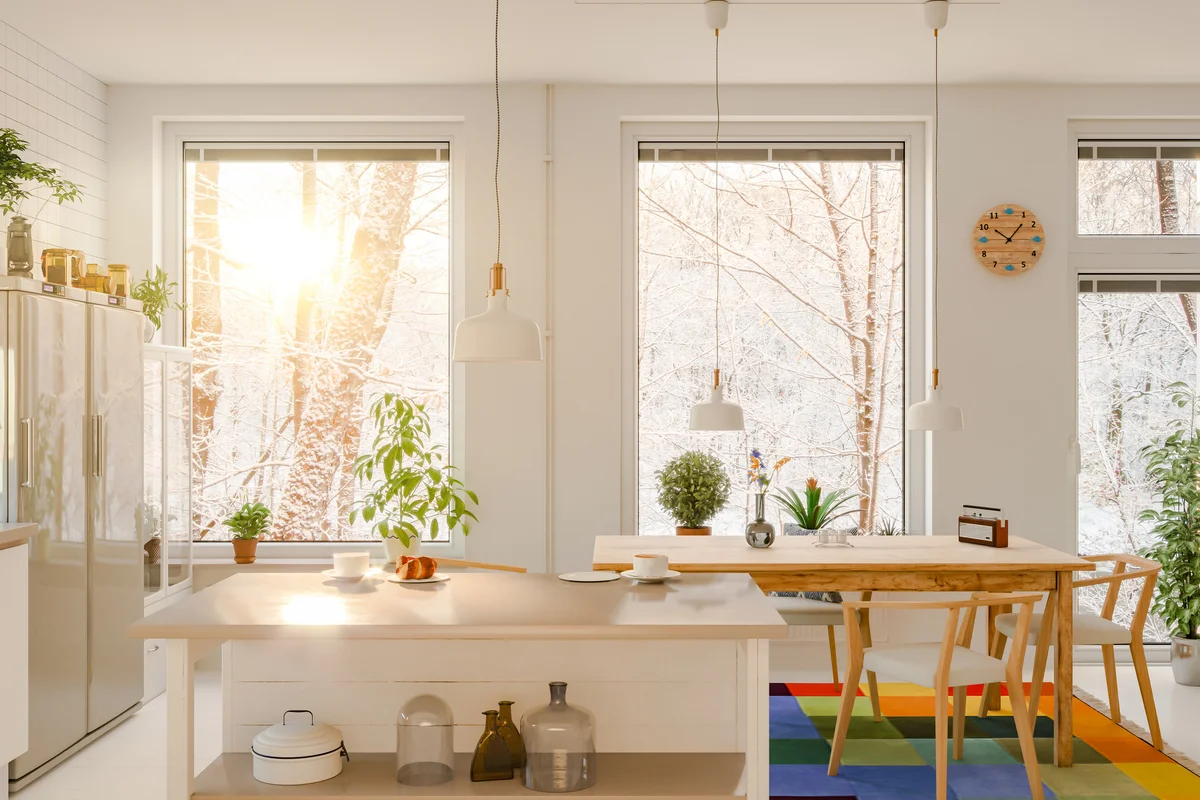 Morning sun streaming into the kitchen