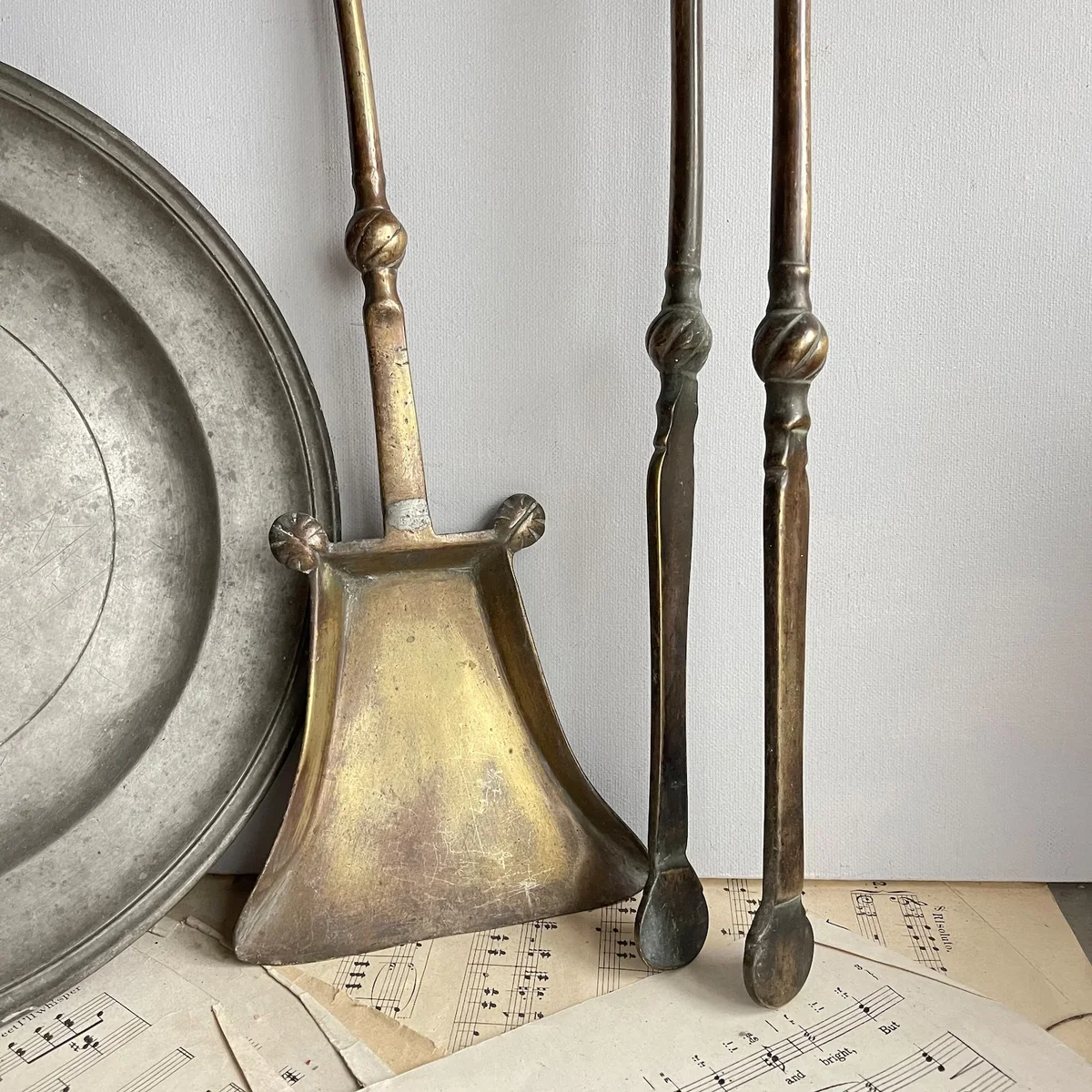Antique brass fireplace tongs and shovel