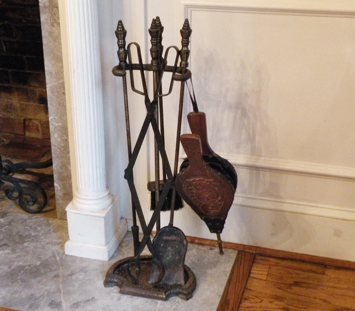 Vintage arts & crafts fireplace bellows and tools