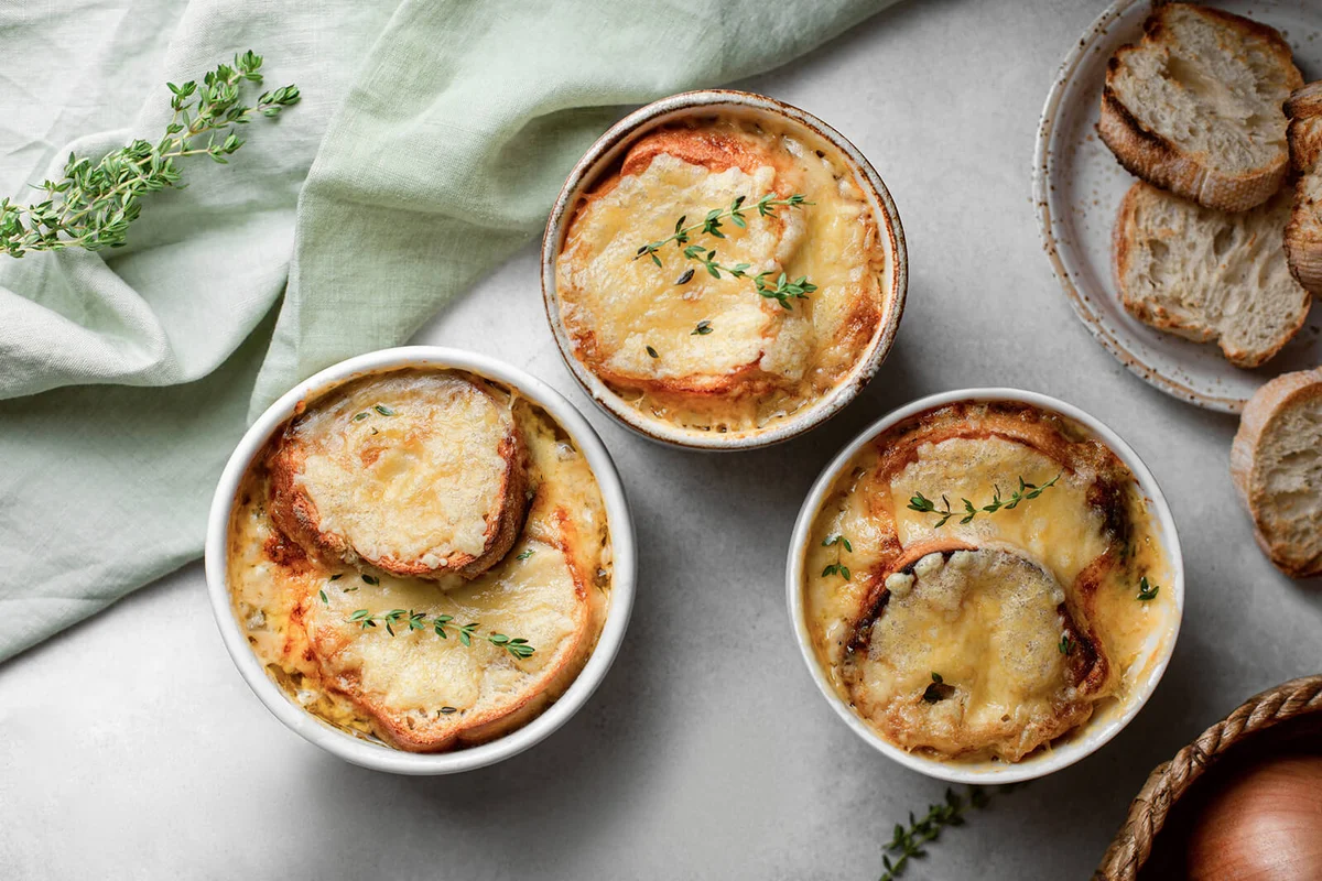French homemade onion soup with cheese and bread