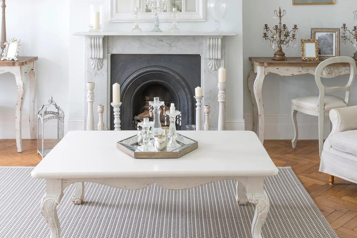 White, luxury home showcase interior living room with fireplace