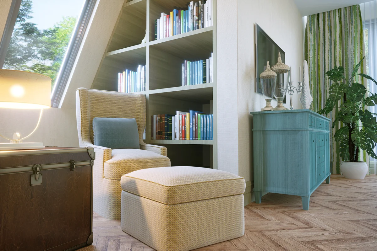 reading area with built in bookshelves