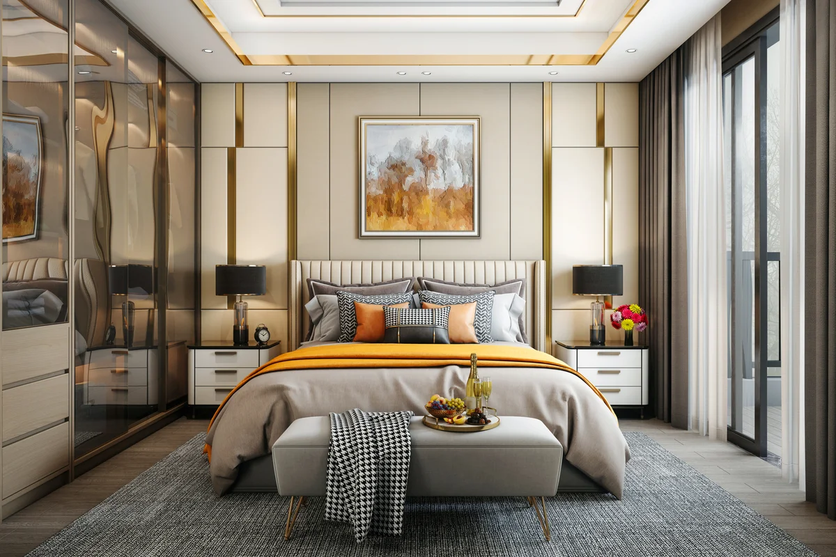 Modern bedroom with an ottoman for extra storage