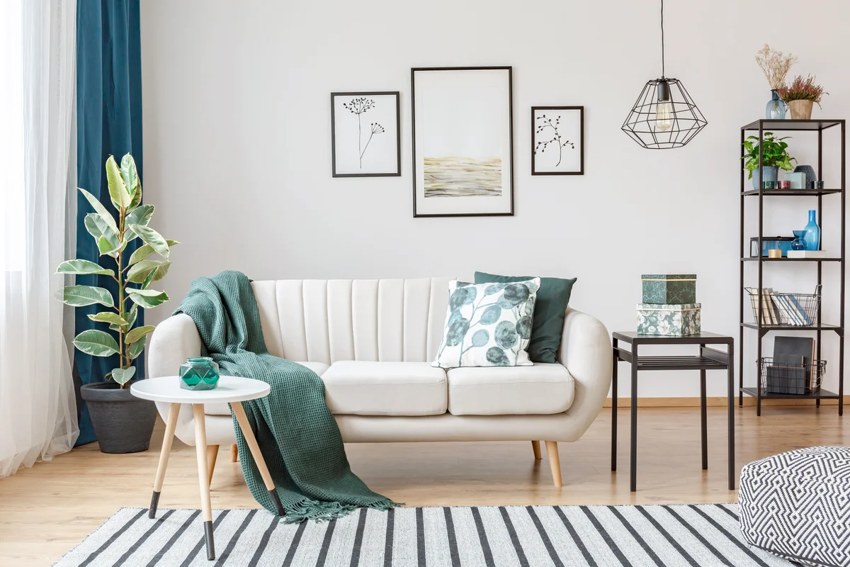 Living room with sofa with a blanket