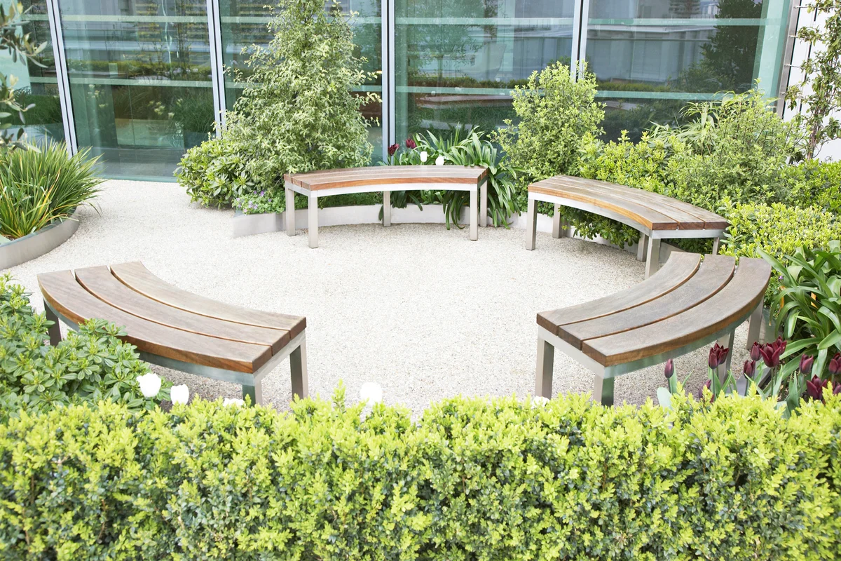 Circular benches in courtyard