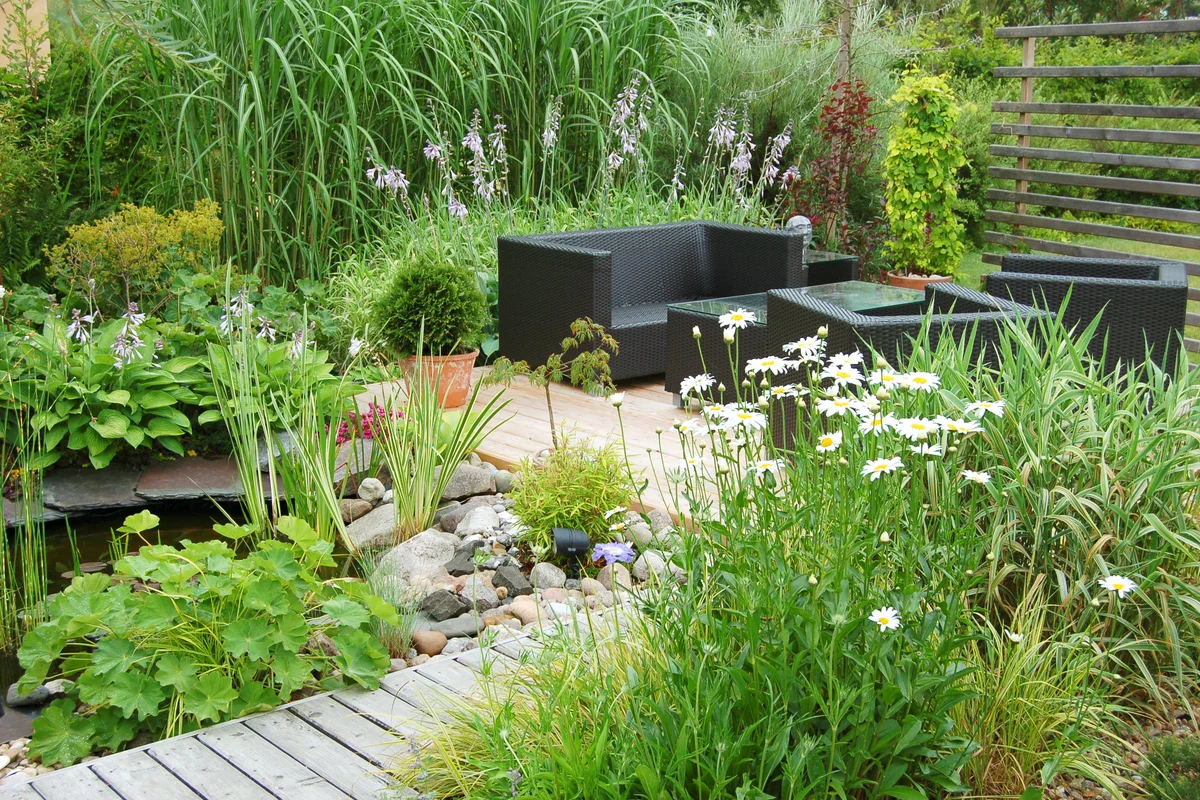 Garden lounge with a pond and a modern wicker sofa