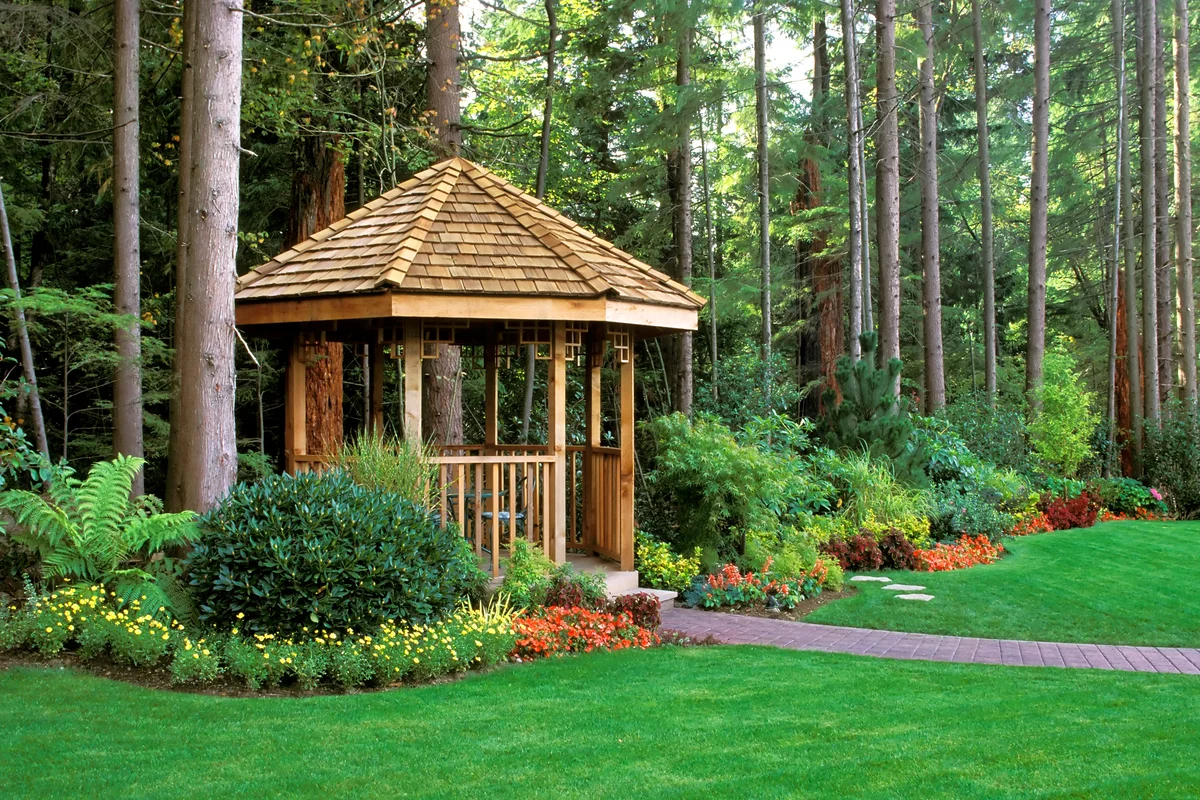 Backyard garden with a cedar wood gazebo
