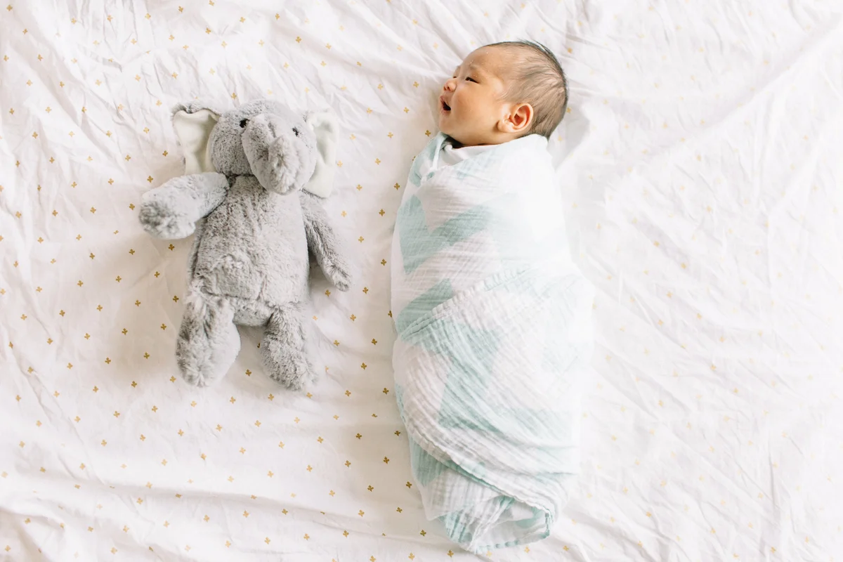 Swaddled baby in bed with stuffed elephant