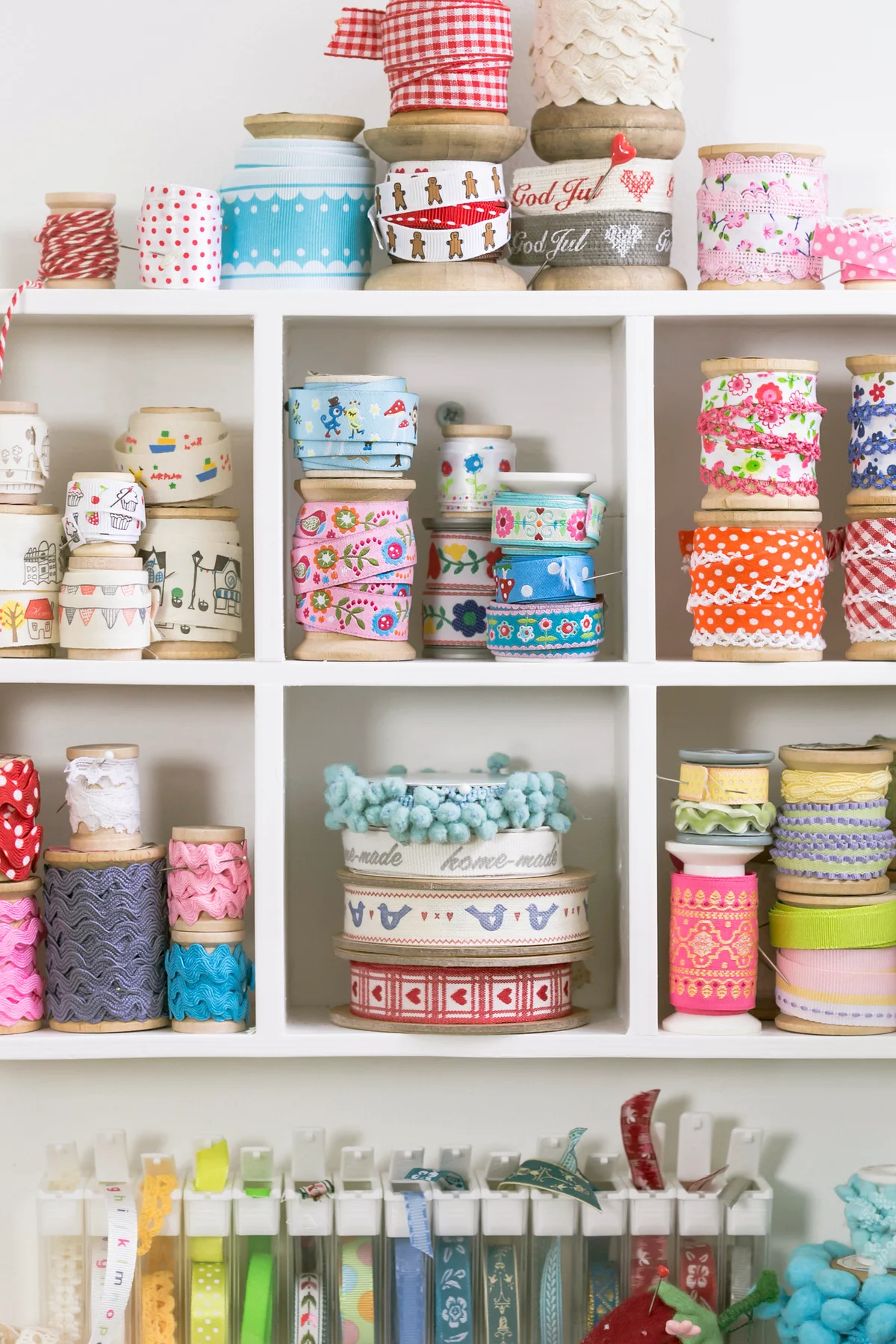 Shelf with large collection of ribbons