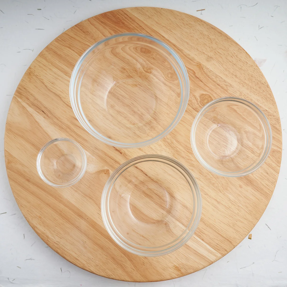 Wooden lazy susan with mixing bowls