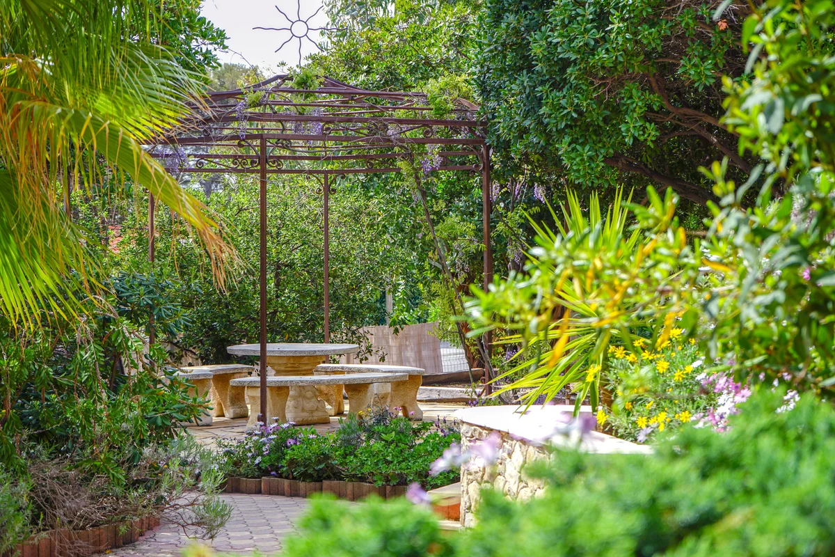 Metal gazebo in garden